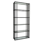 Angled side view of the Alto tall open display unit showing glass shelving tiers and black steel frame construction.