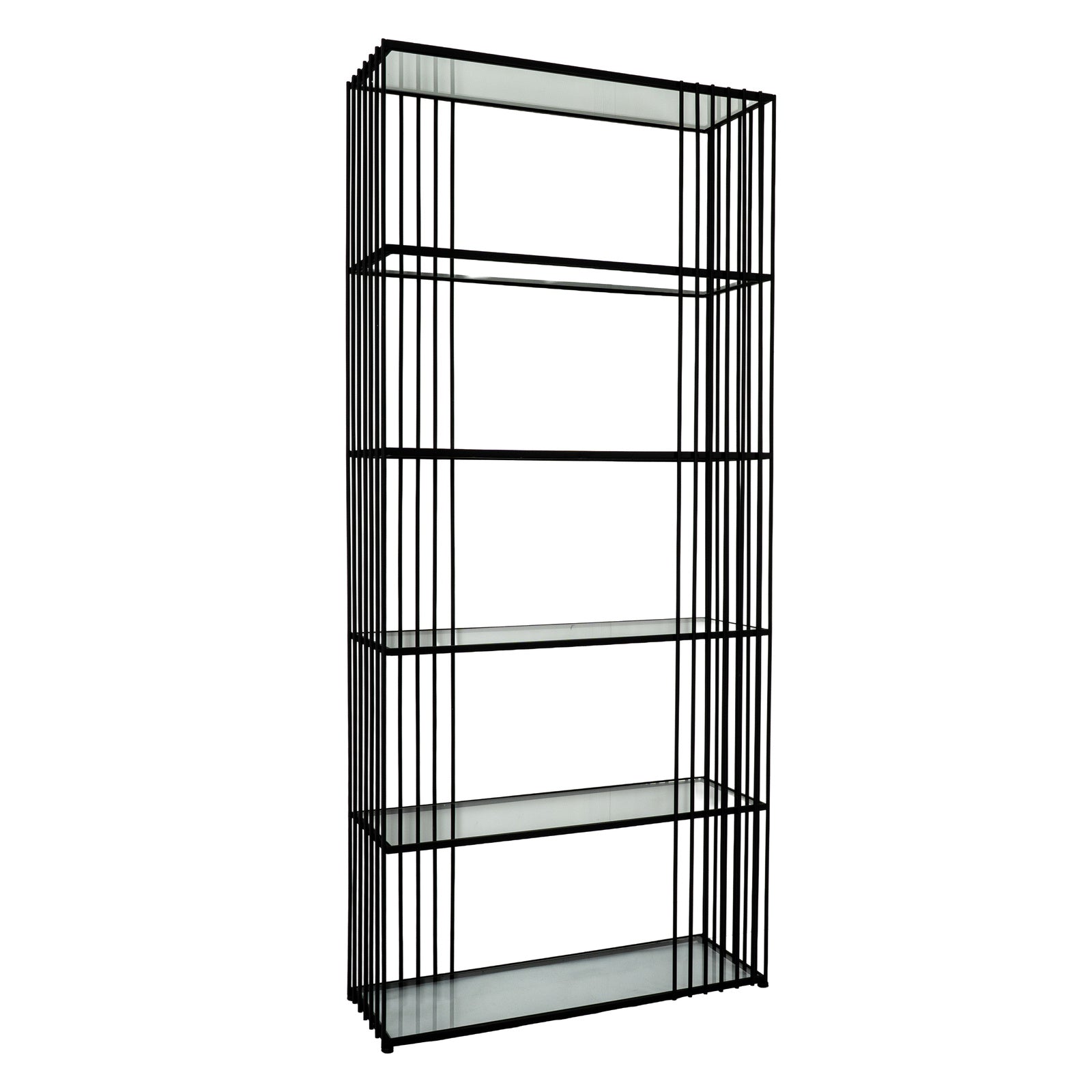 Angled side view of the Alto tall open display unit showing glass shelving tiers and black steel frame construction.