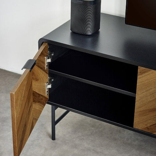 Julian Bowen Alvin TV unit with open shelving and storage compartments in a modern design, suitable for living room entertainment setups.