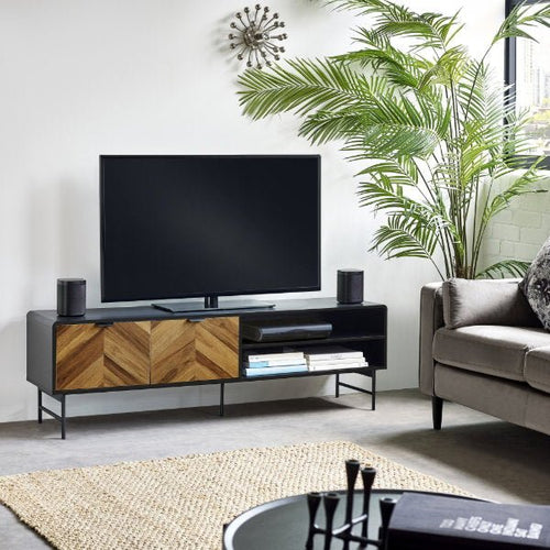 Julian Bowen Alvin TV unit with modern design, featuring open shelves and storage compartments for entertainment essentials.