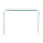 Front elevation view showing the seamless waterfall design and clear bent glass frame of the Amalfi desk