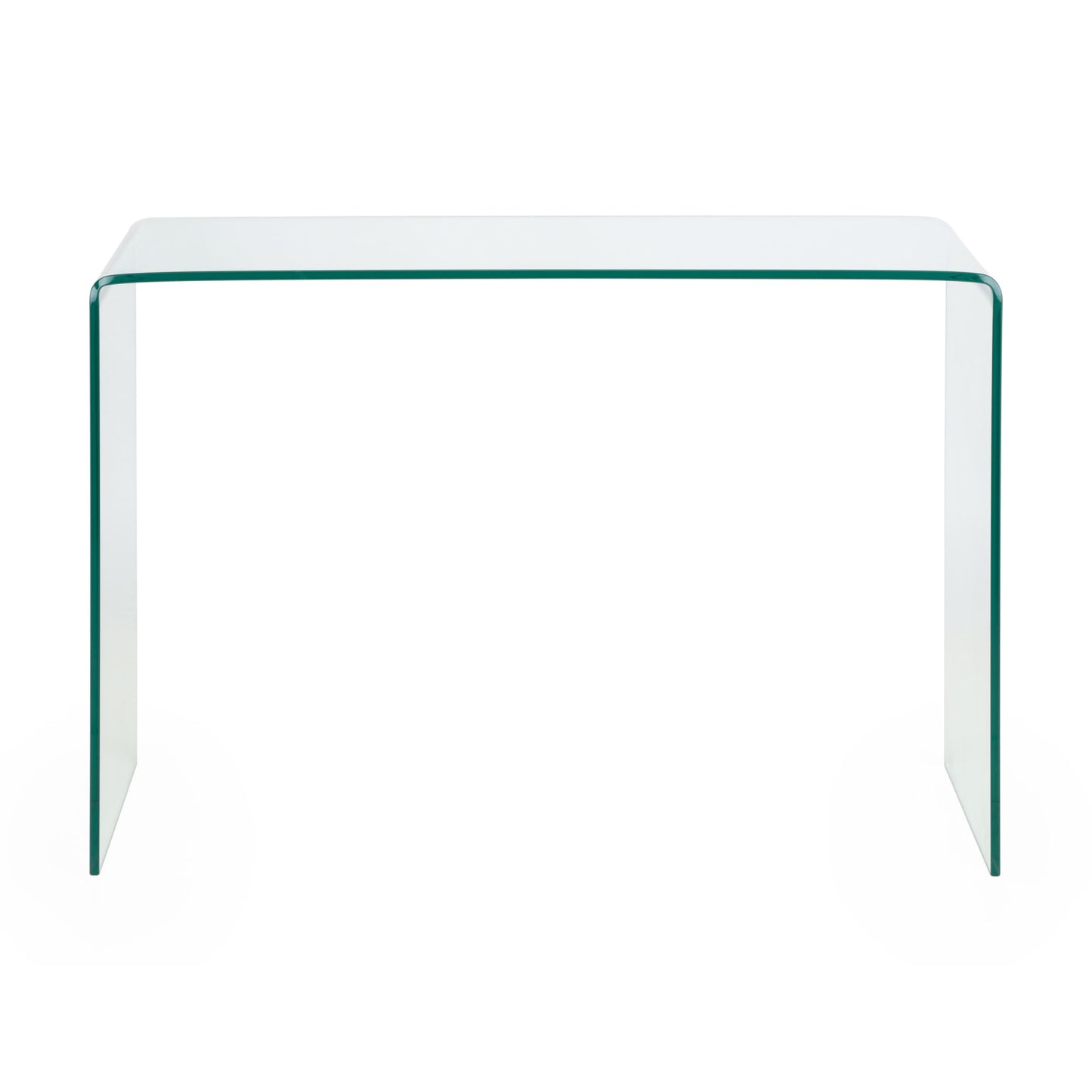 Front elevation view showing the seamless waterfall design and clear bent glass frame of the Amalfi desk
