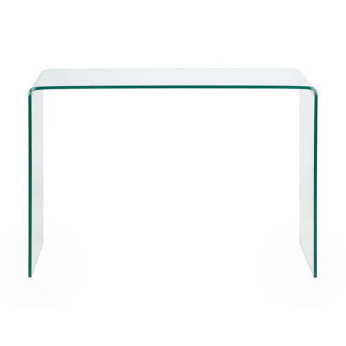 Front elevation view showing the seamless waterfall design and clear bent glass frame of the Amalfi desk
