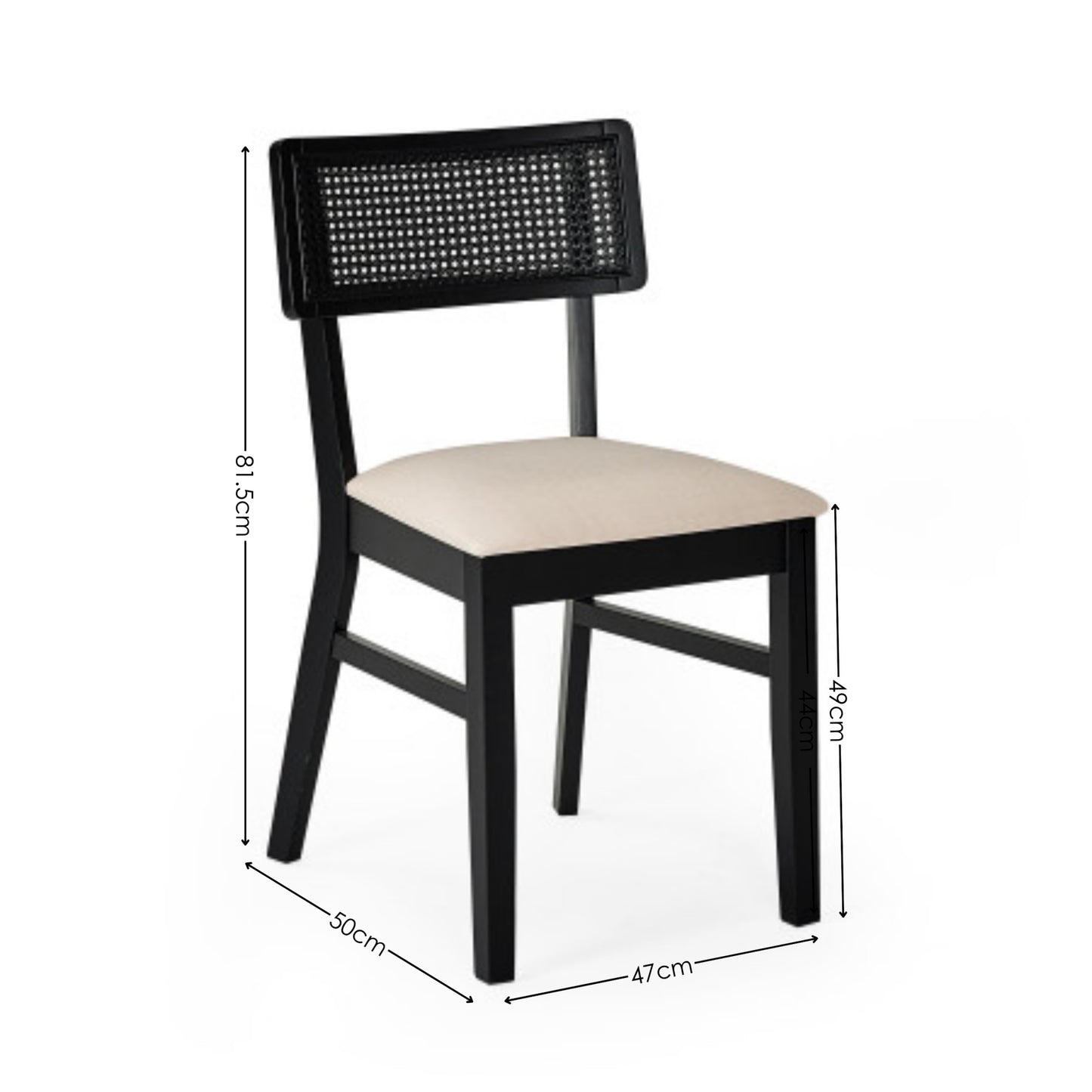 Dimension breakdown diagram for the Annika black natural fabric rattan back dining chair