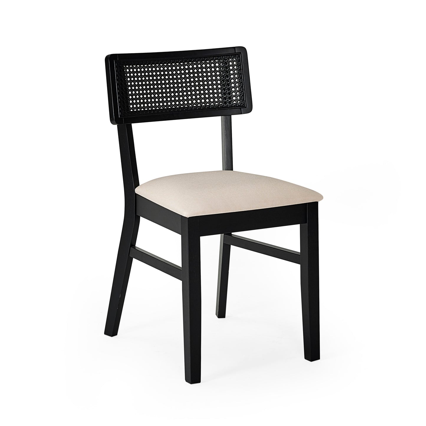 Direct front studio view of the Annika black dining chair with cane back and cushioned fabric seat