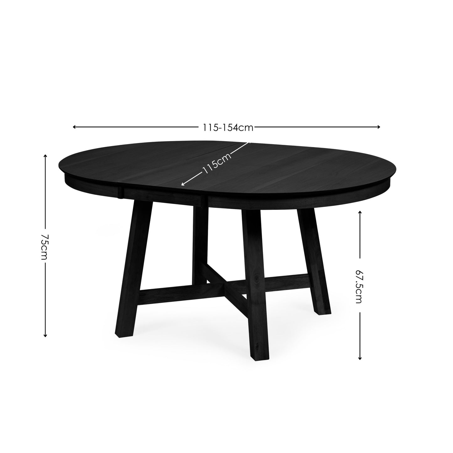 Dimension breakdown diagram for the Annika black extending dining table in compact and extended forms