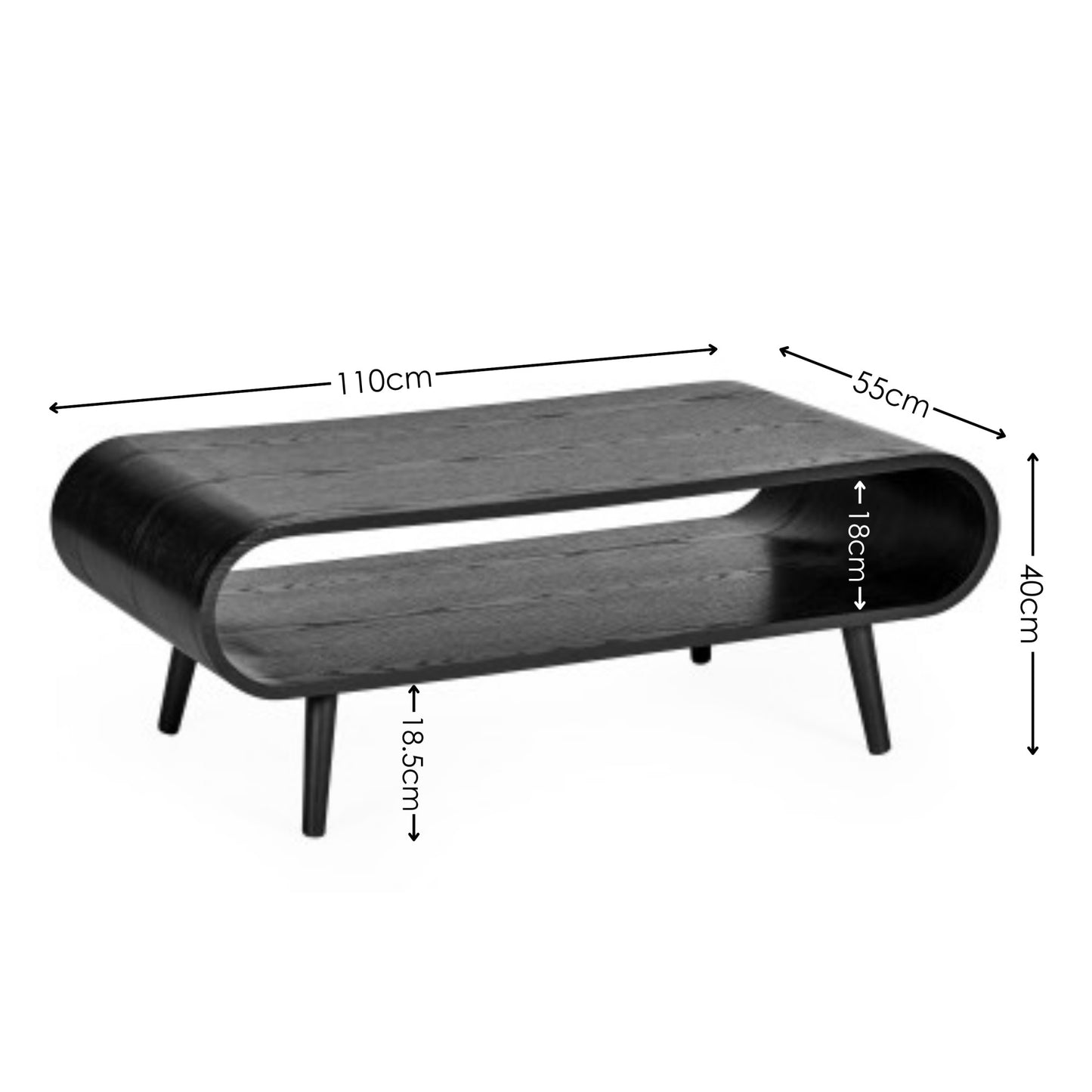Dimensional diagram highlighting the length, depth, and height measurements of the Apollo coffee table
