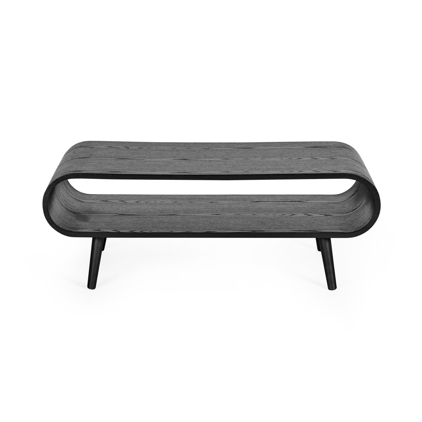 Front view showing the open curved loop shelf and splayed legs of the Apollo black wooden coffee table