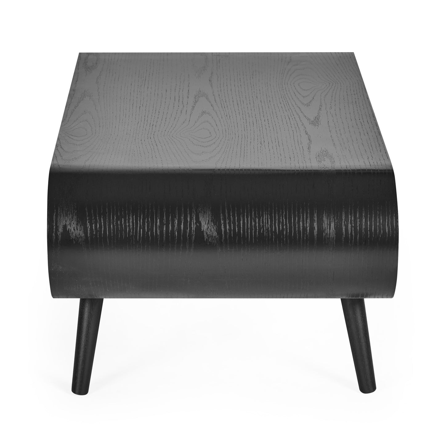Side profile view displaying the thick rounded frame and tapered legs of the Apollo coffee table