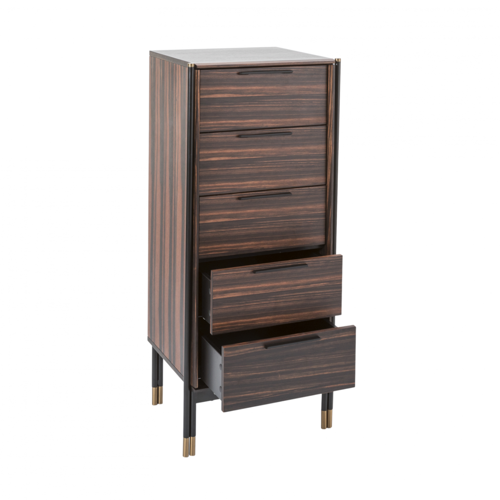 Open soft close drawer on the Aria ebony tallboy showing organized interior bedroom storage