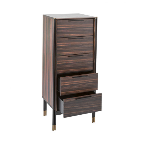 Open soft close drawer on the Aria ebony tallboy showing organized interior bedroom storage