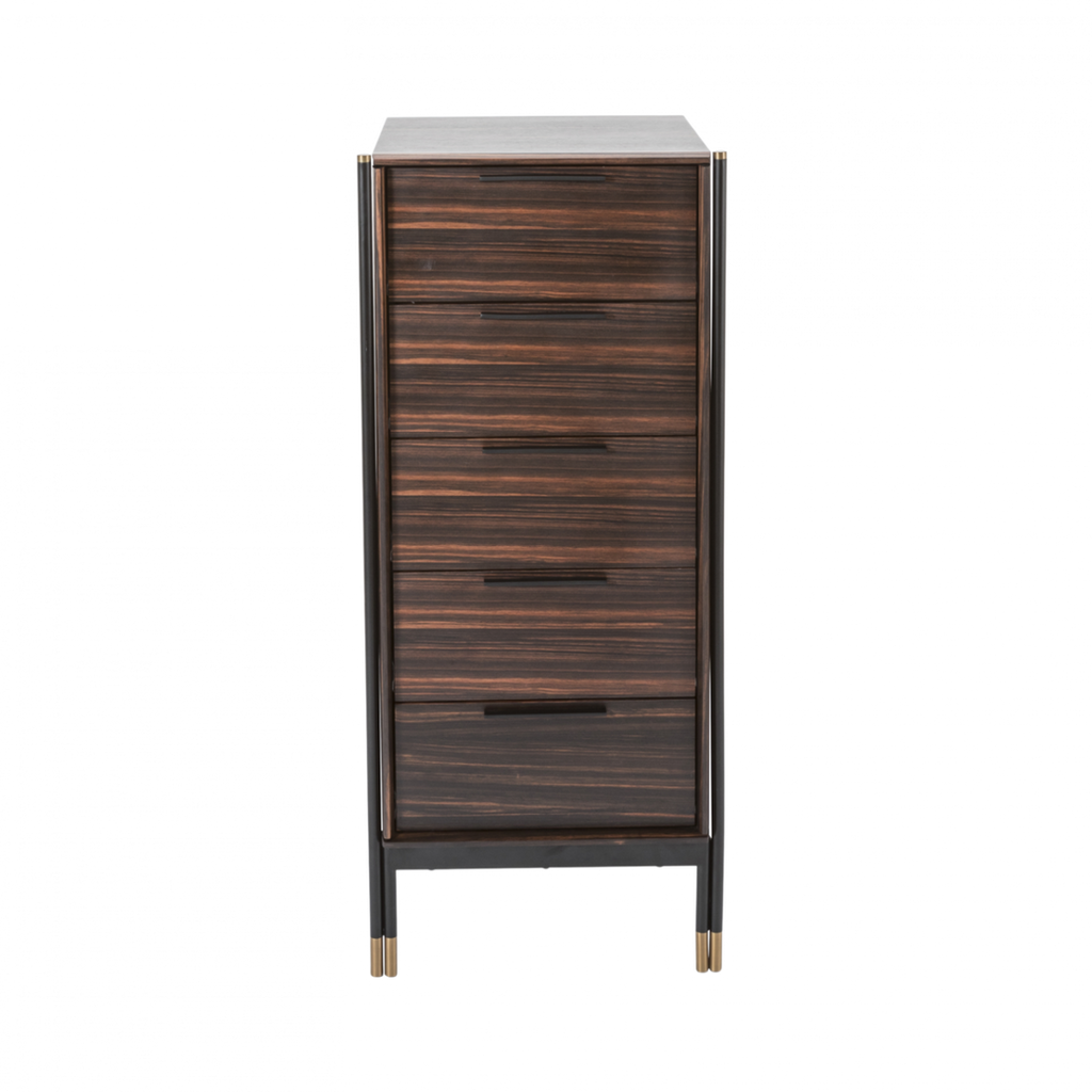 Aria ebony 5 drawer tallboy chest with soft close drawers and brass capped legs