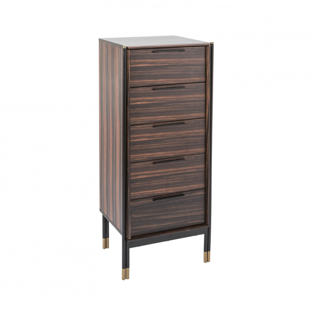 Rich ebony wood grain veneer and brushed brass feet on the Aria tallboy