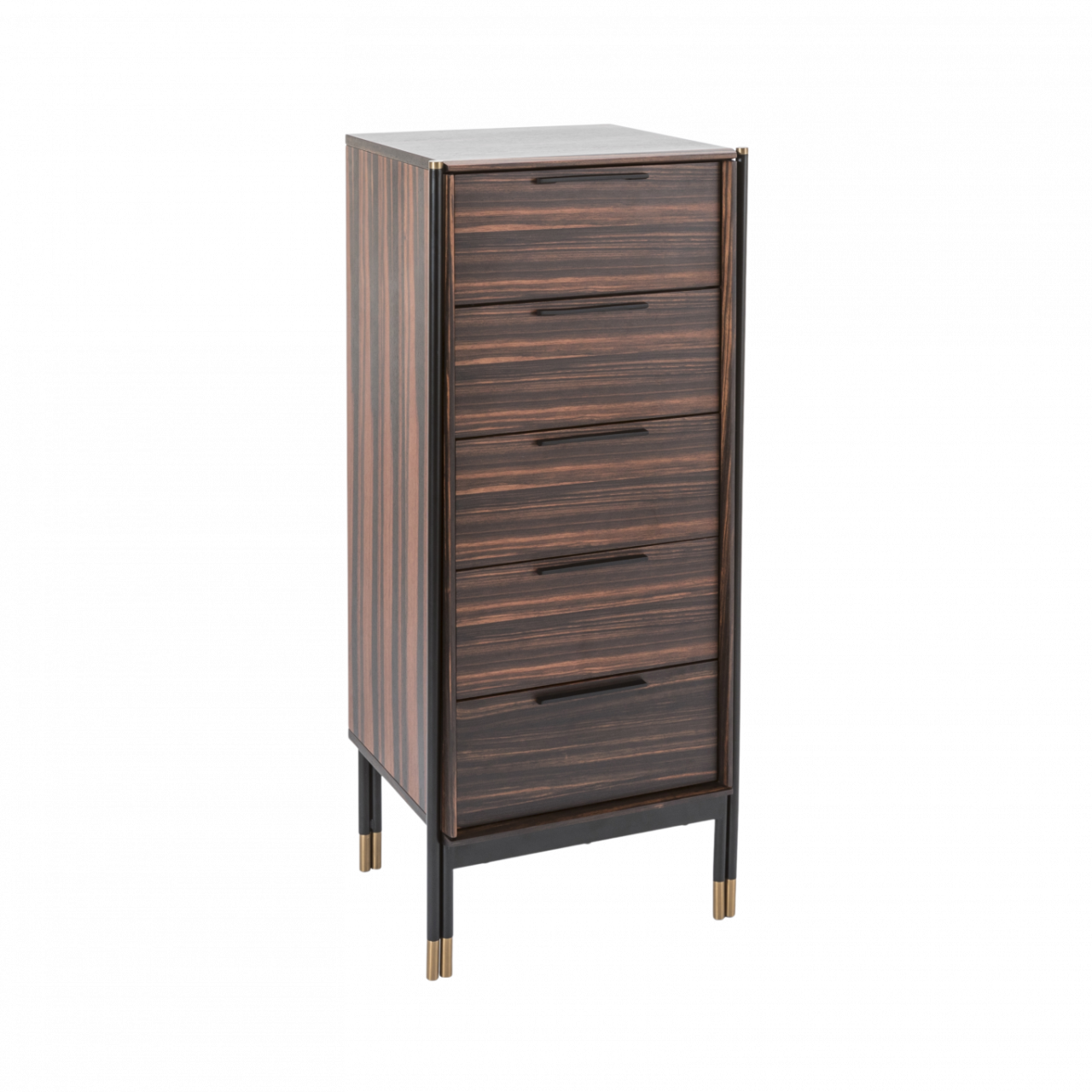 Rich ebony wood grain veneer and brushed brass feet on the Aria tallboy