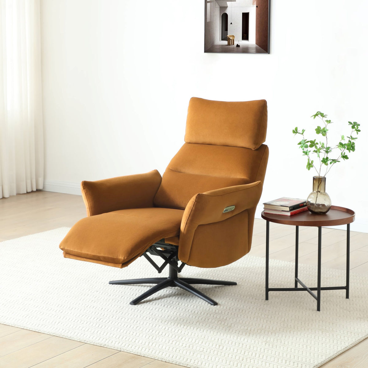 Austin electric recliner chair in ochre yellow fabric with black swivel base styled in a modern living room   