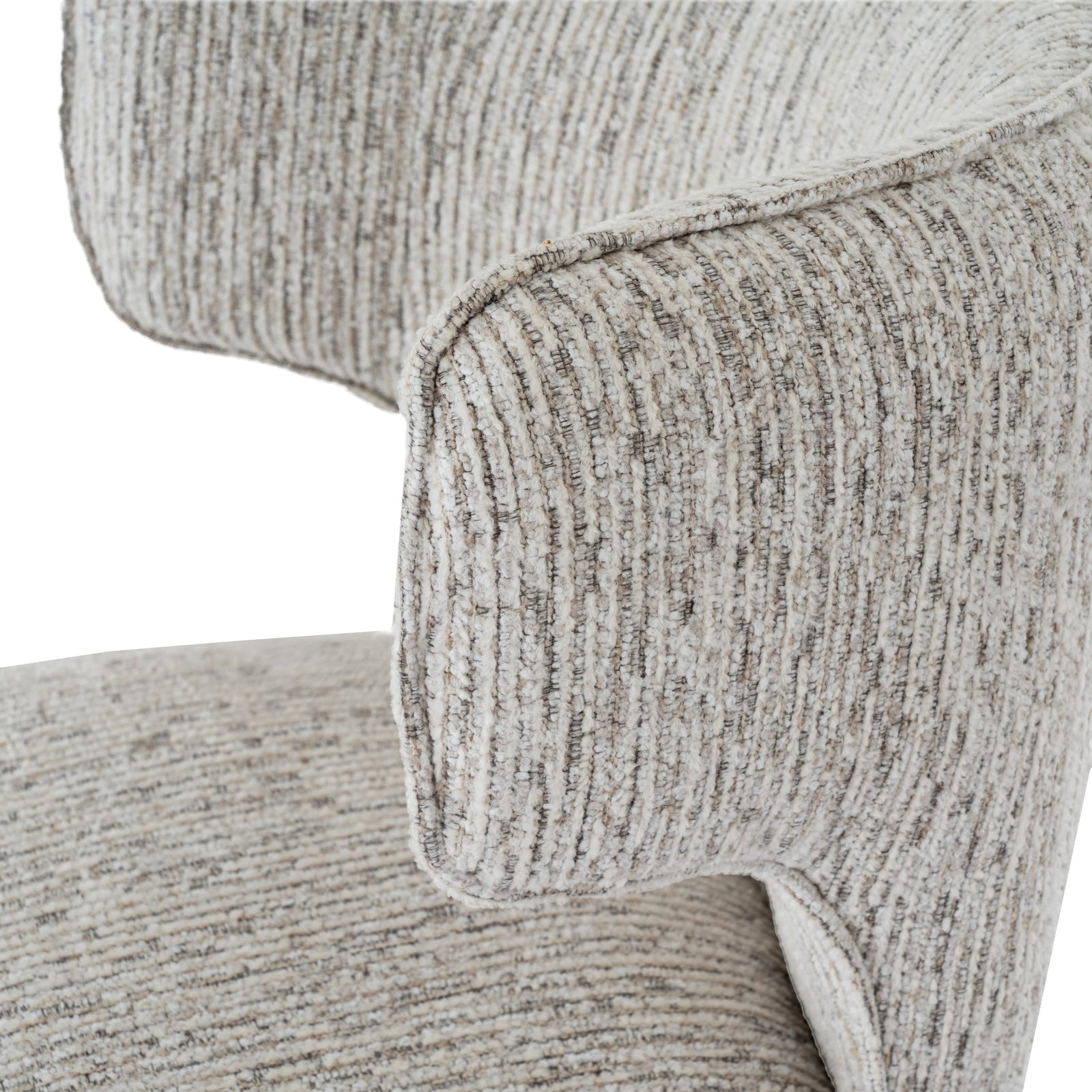 Close-up detail of the mist-grey woven fabric on the curved barstool backrest.