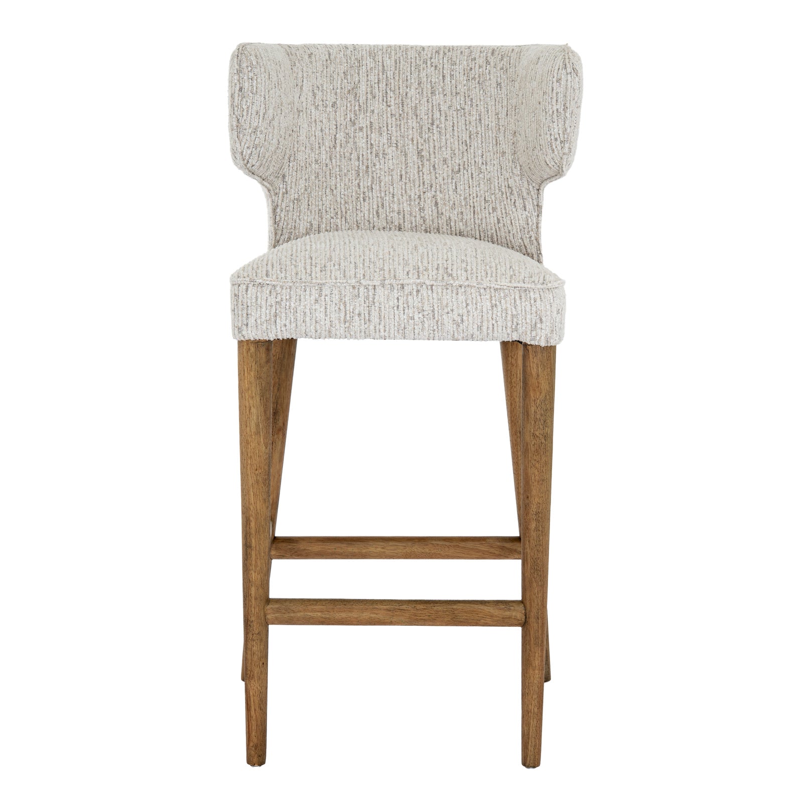 Direct front profile view of the Avia Mist Upholstered Barstool in mist-grey fabric.