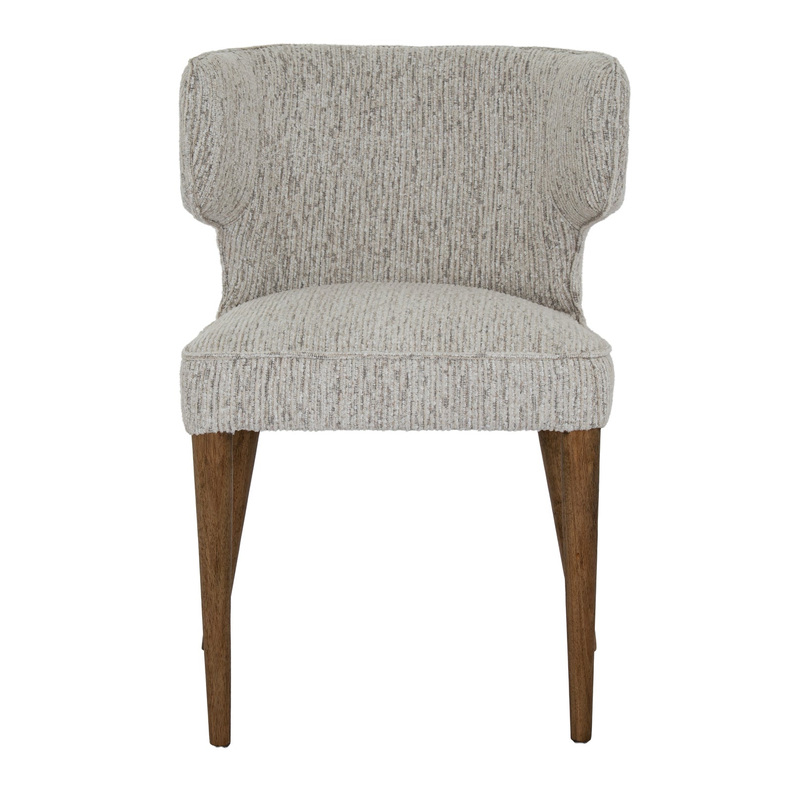 Front view showing the padded seat and warm wooden legs of the Avia Mist grey upholstered dining chair