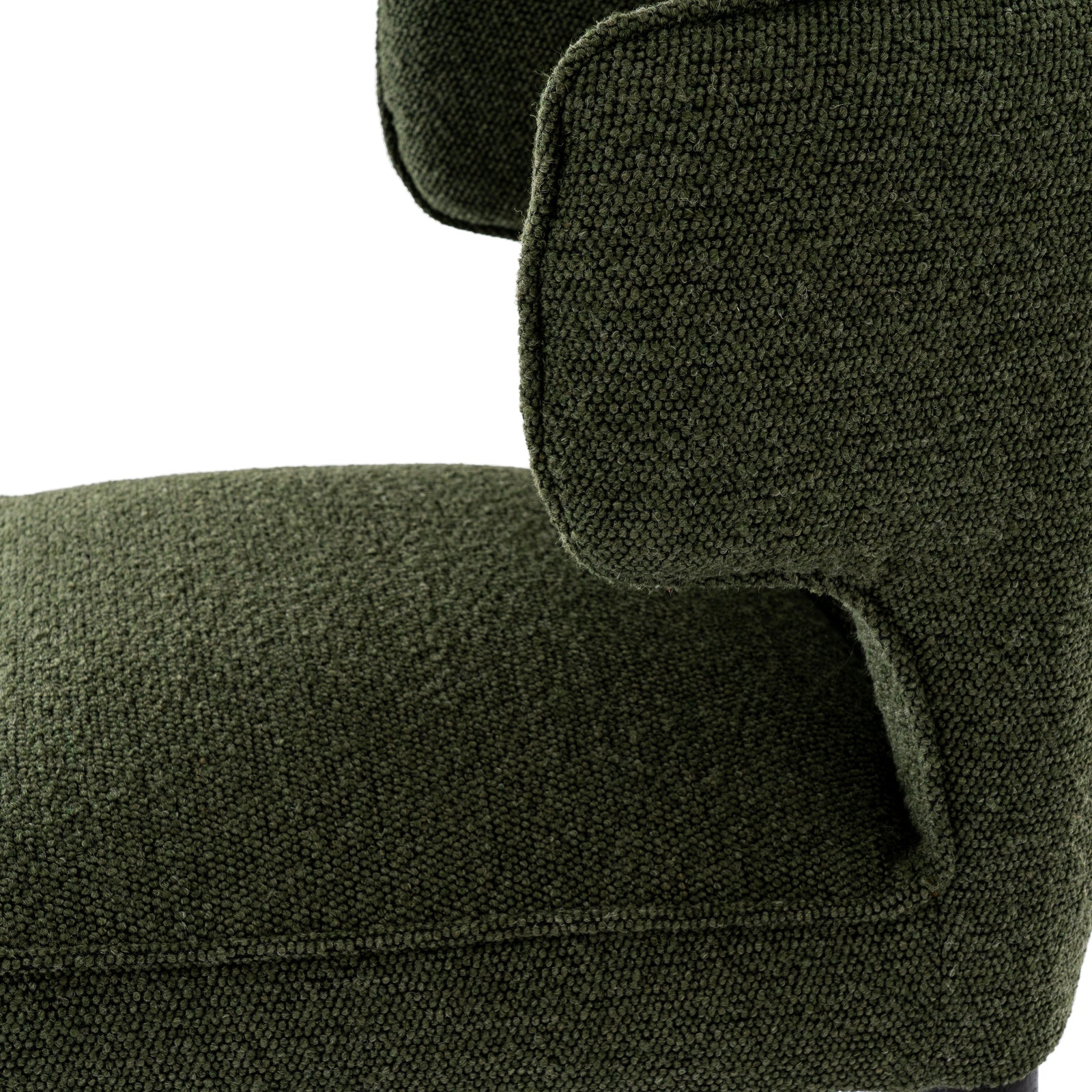 Close-up detail of the rich moss-green upholstery texture on the curved barstool backrest.