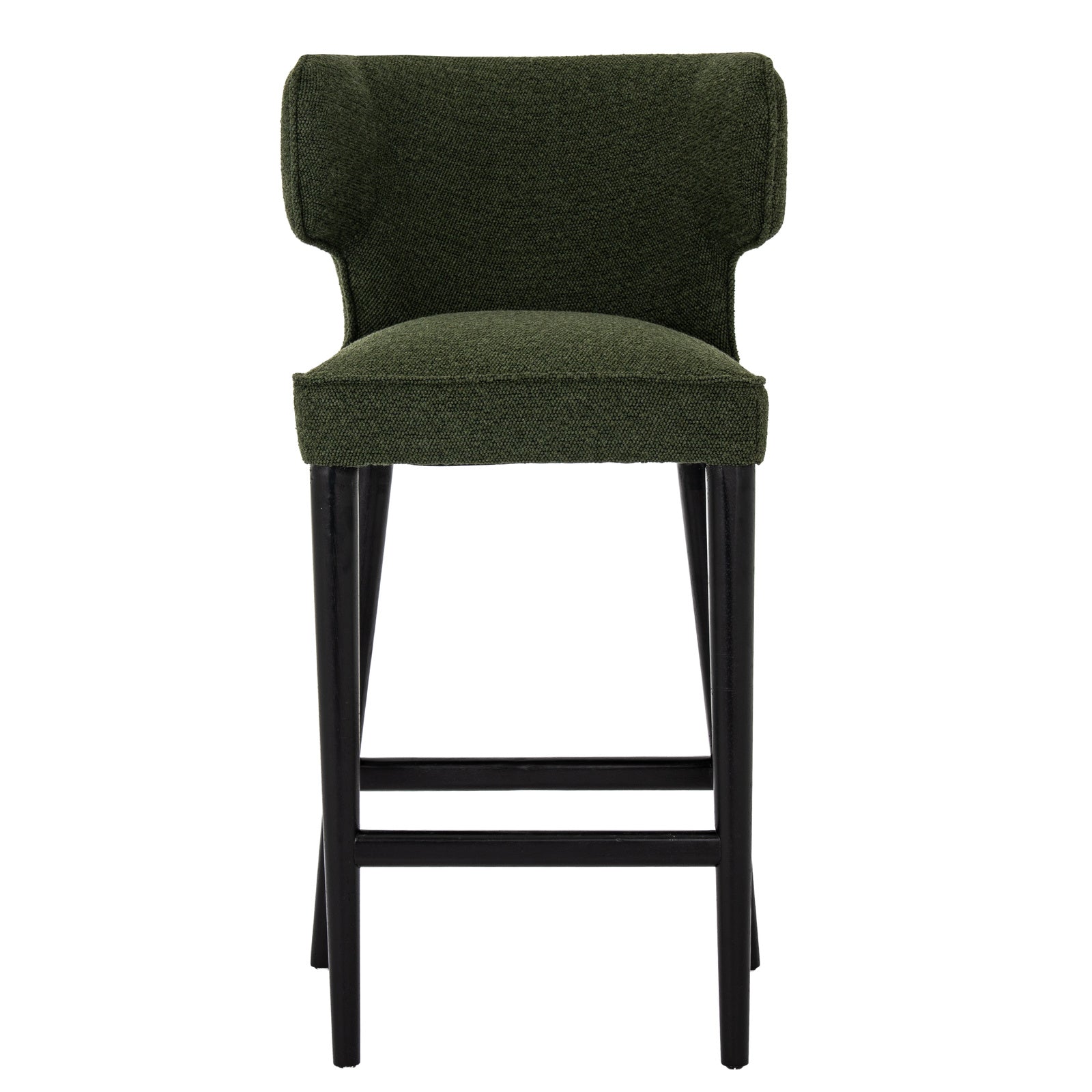 Direct front profile view of the Avia Moss Upholstered Barstool in dark green fabric.