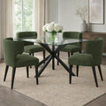 Avia Moss green textured dining chairs styled around a modern square glass dining table with black metal legs