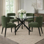 Avia Moss green textured dining chairs styled around a modern square glass dining table with black metal legs