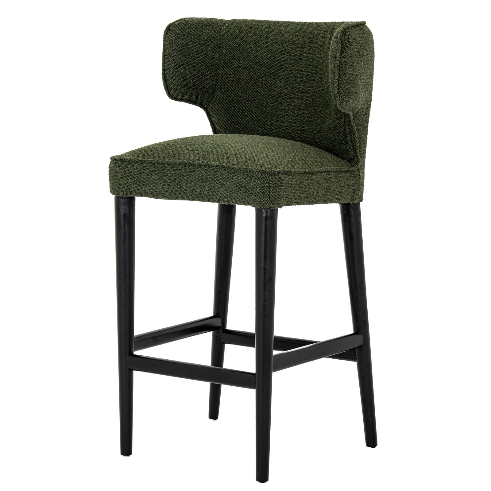 Three-quarter perspective view of the Avia Moss Barstool in green fabric with dark legs.