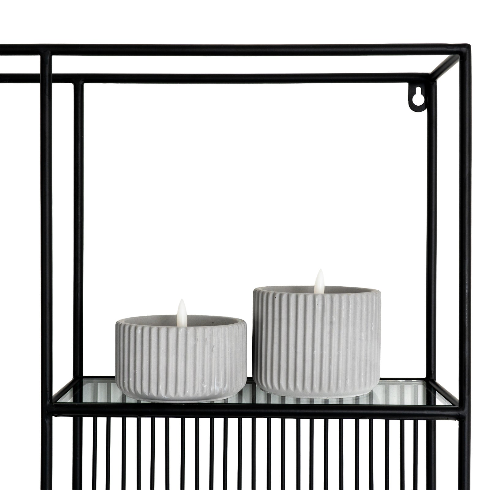 Axis geometric display unit showing staggered glass shelf tiers and black steel frame.