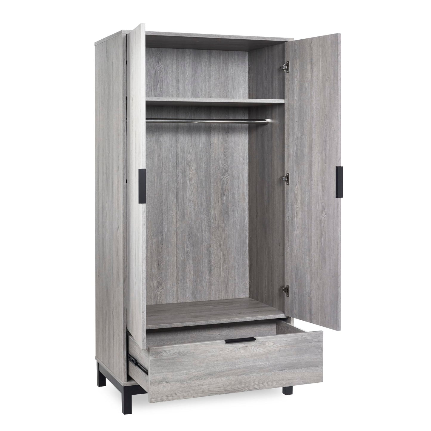 Front view showing the open doors and pulled-out bottom drawer of the Bali grey oak wardrobe
