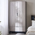Bali grey oak effect 2 door 1 drawer wardrobe styled in a bright minimalist bedroom setup