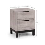 Dimensional diagram showing the height, width, and depth specifications for the Bali grey oak 2 drawer bedside table