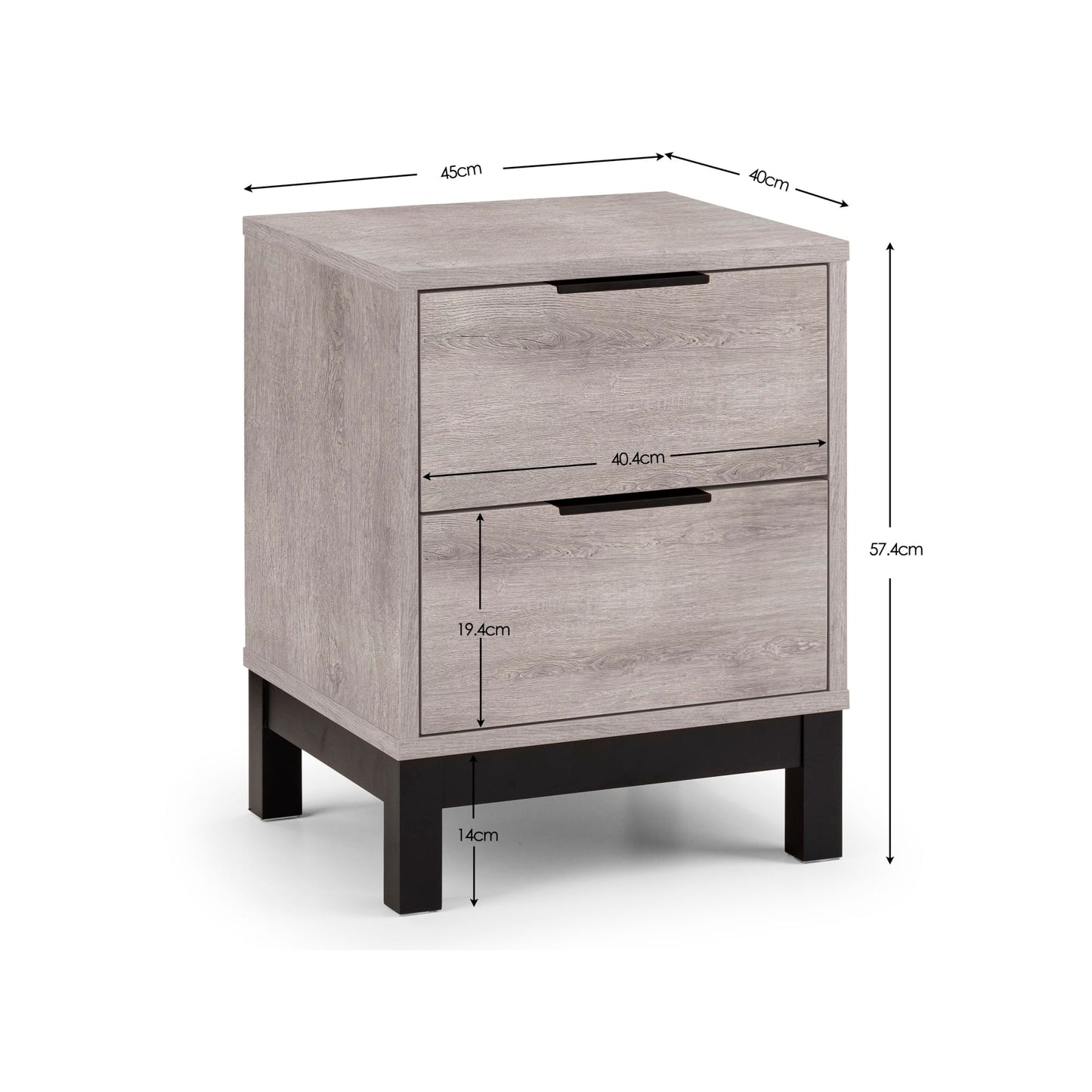 Dimensional diagram showing the height, width, and depth specifications for the Bali grey oak 2 drawer bedside table