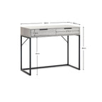 Dimensional diagram showing the height, width, depth, and leg room dimensions for the Bali grey oak desk
