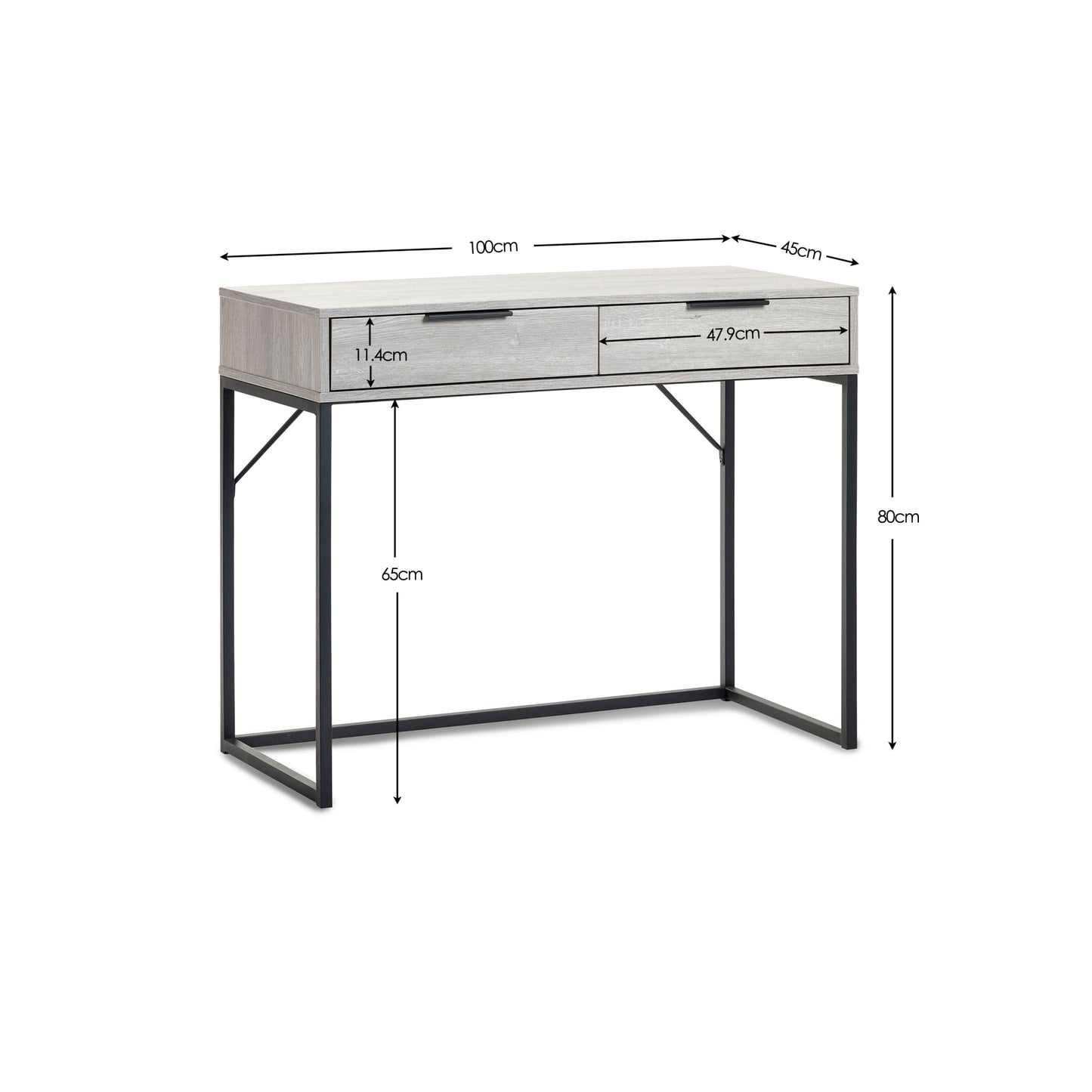 Dimensional diagram showing the height, width, depth, and leg room dimensions for the Bali grey oak desk