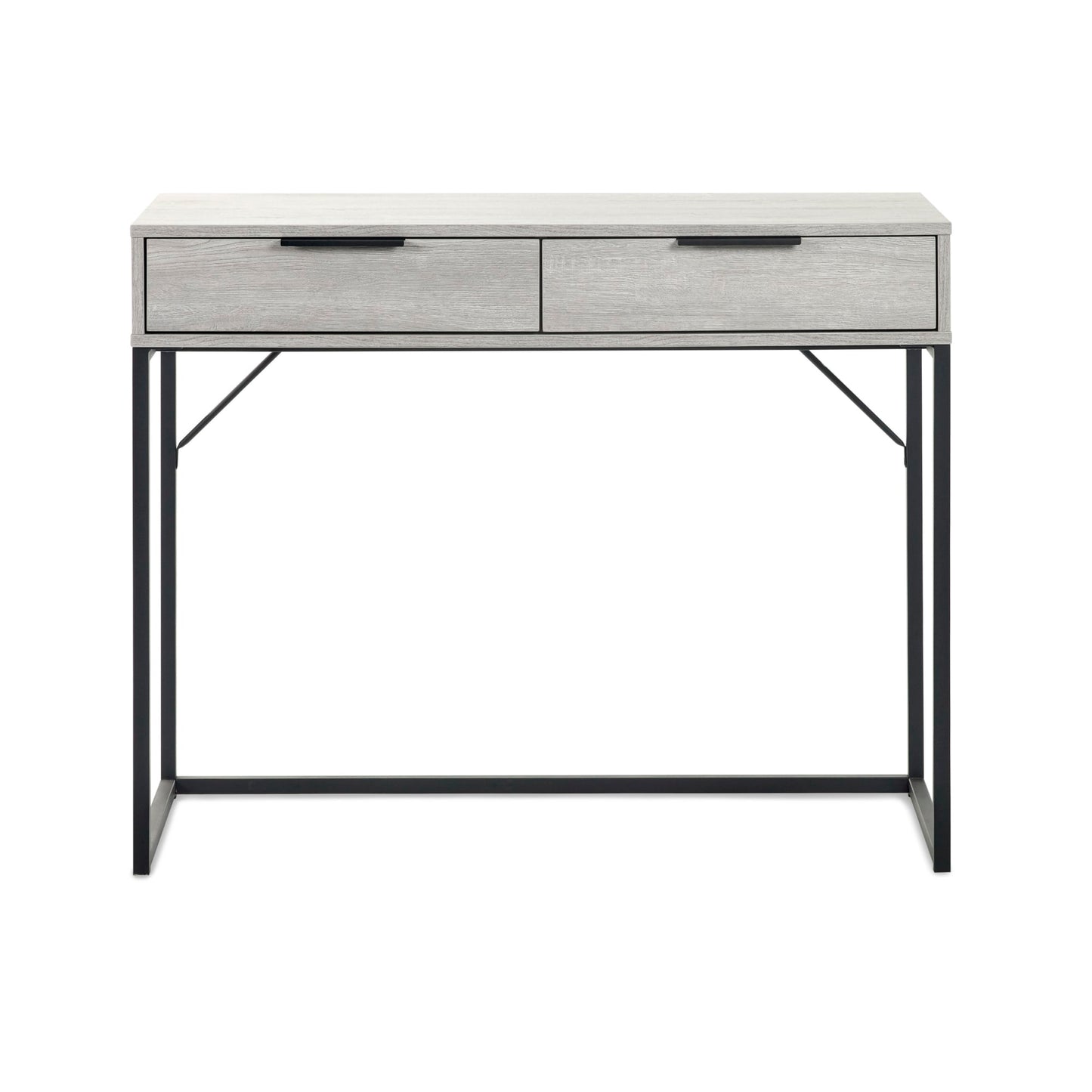 Front view of the Bali grey oak 2 drawer dressing table desk with black lip handles and sturdy metal legs