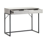 Front perspective view showing the grey oak finish with extended pull-out drawers and black metal base