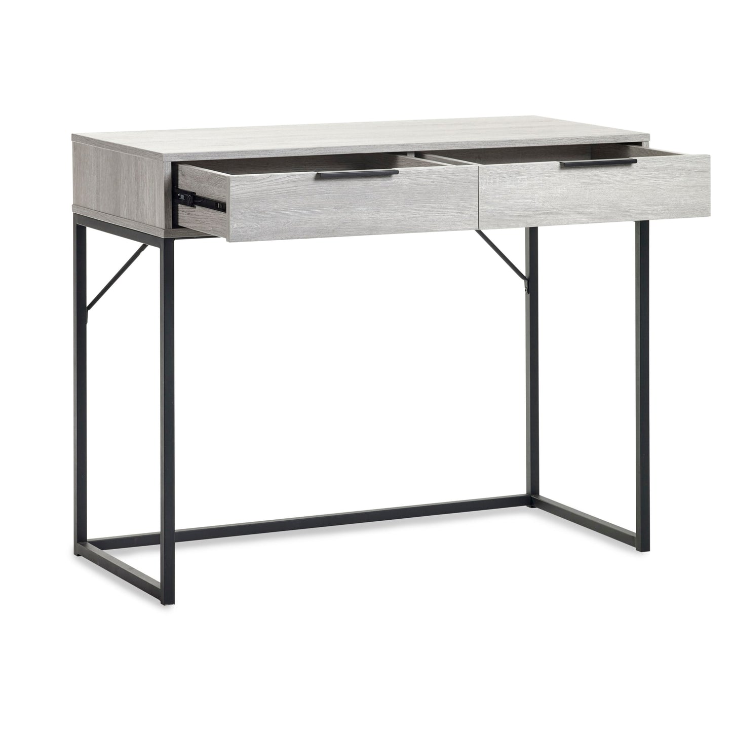 Front perspective view showing the grey oak finish with extended pull-out drawers and black metal base