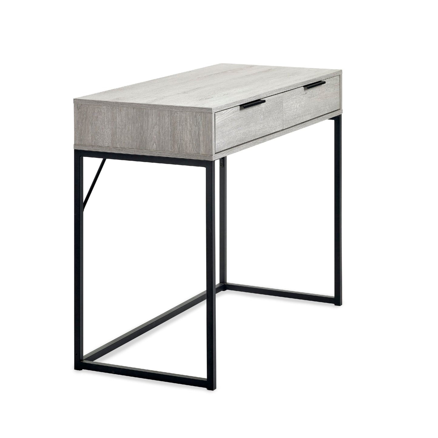 Side perspective view displaying the slim depth profile and black metal box-frame base of the Bali grey desk