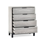 Front perspective view showing all four open drawers of the Bali grey oak chest of drawers