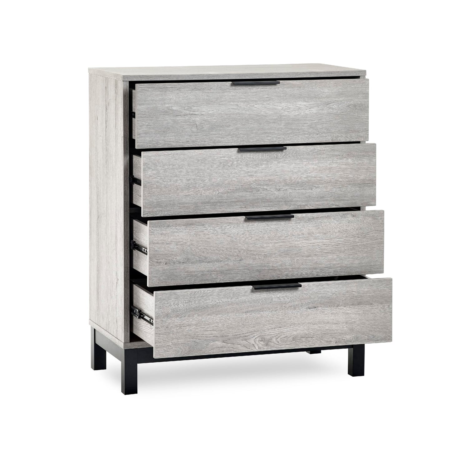 Front perspective view showing all four open drawers of the Bali grey oak chest of drawers