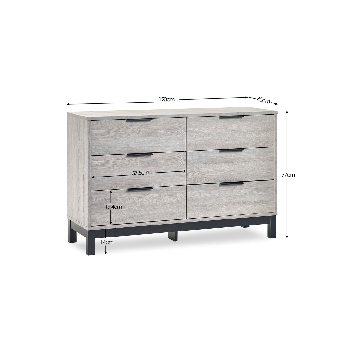 Dimensional diagram highlighting the height, width, and depth dimensions for the Bali grey oak wide chest
