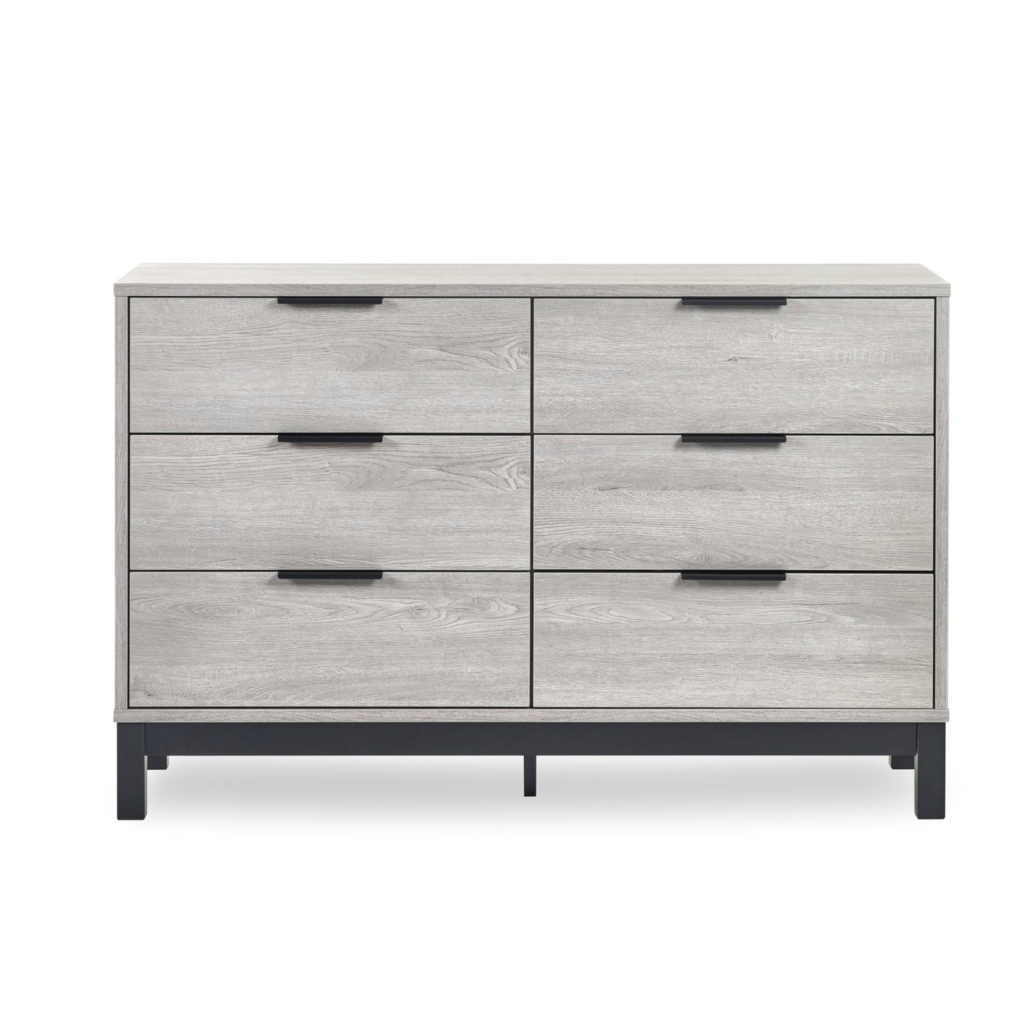 Front elevation view of the Bali grey oak 6 drawer wide chest showing the black handles and metal base