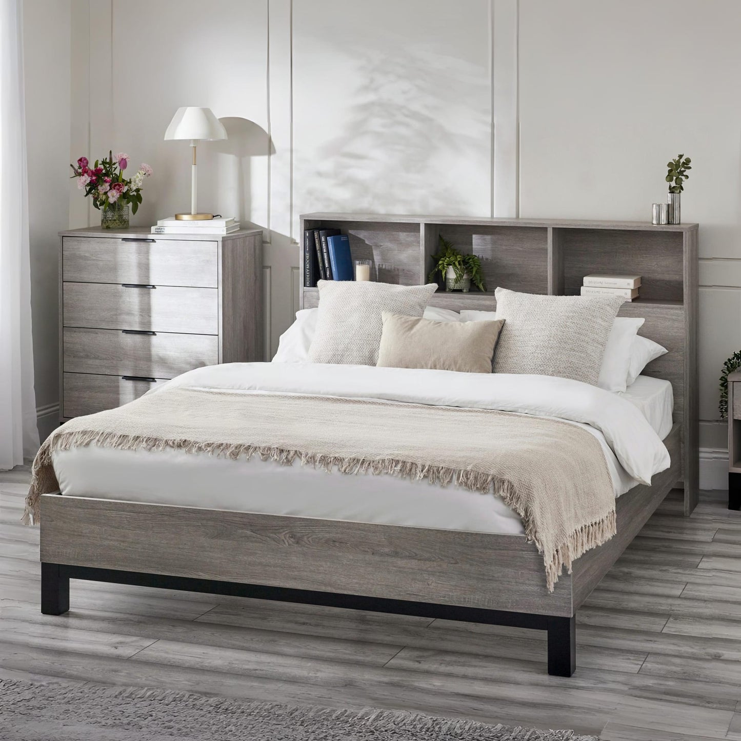 Bali grey oak bookcase bed styled in a modern minimalist bedroom with neutral decor