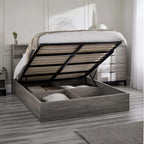 Bali grey oak ottoman bed frame raised open demonstrating hydraulic lift storage