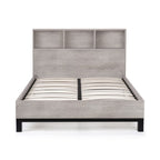 Front studio shot of the grey oak Bali bed frame with slatted base and shelving headboard