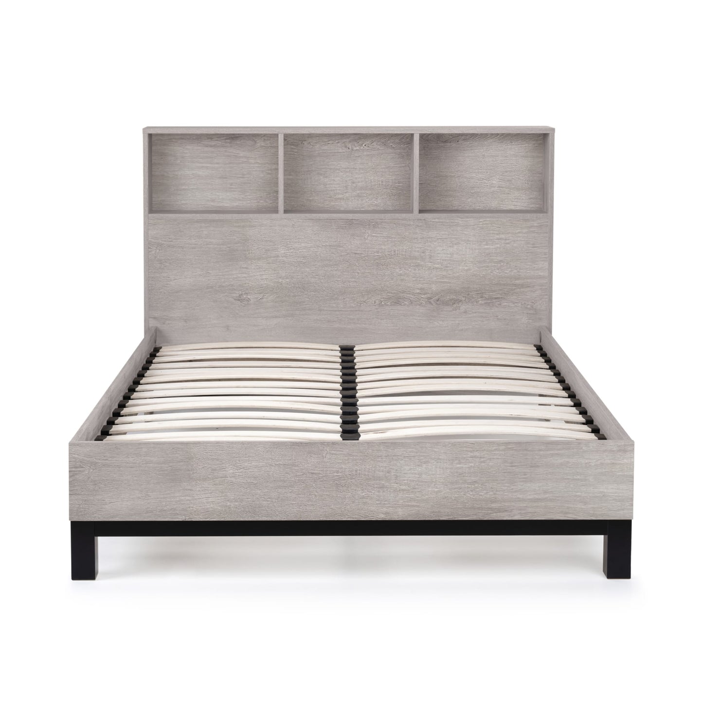 Front studio shot of the grey oak Bali bed frame with slatted base and shelving headboard