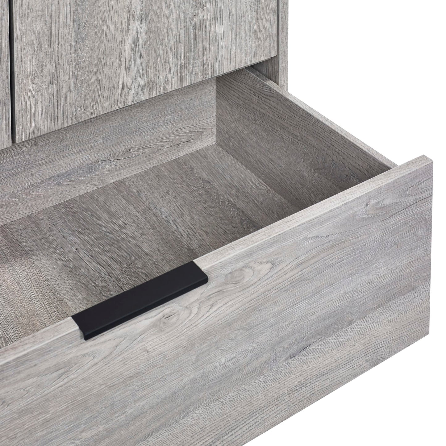 Close-up shot of the pulled-out drawer showcasing internal depth and grey oak wood finish