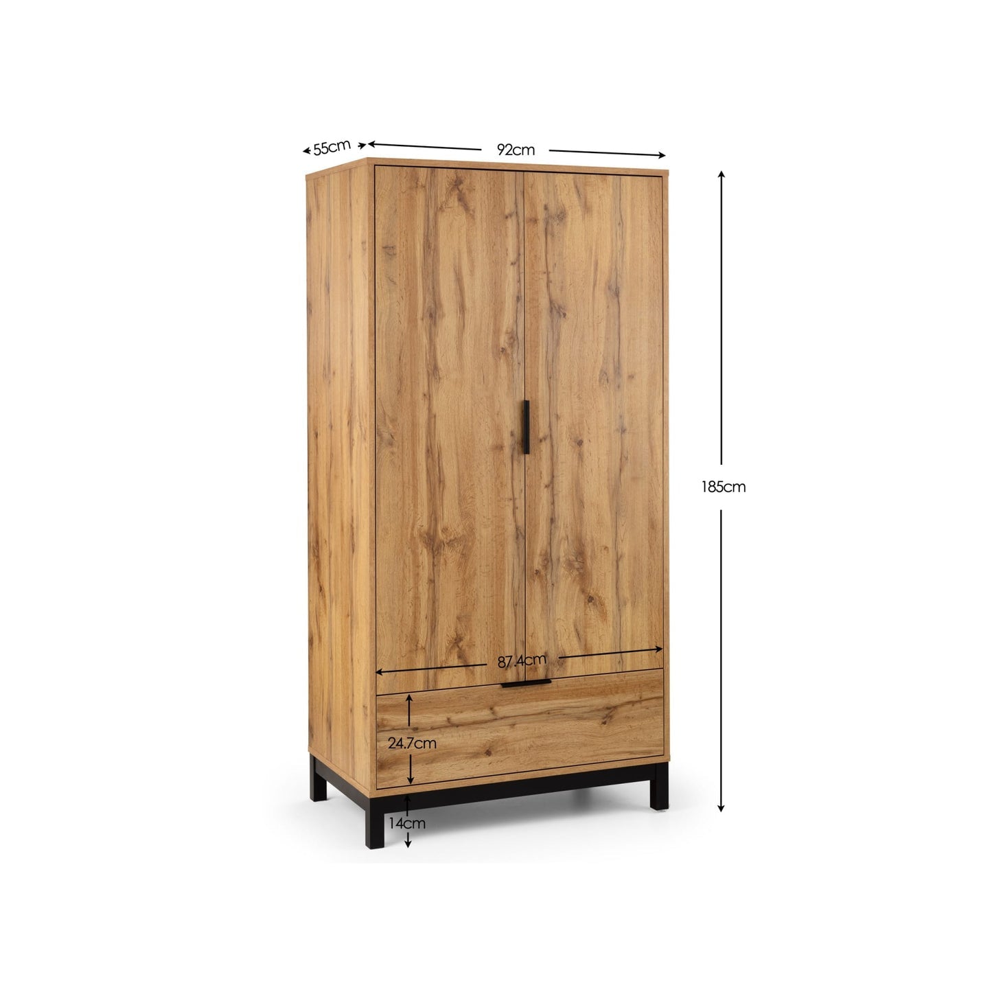 Dimensional diagram displaying the height, width, and depth measurements for the Bali oak wardrobe