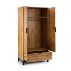 Front view of the Bali natural oak wardrobe with doors and lower drawer open displaying the hanging rail and interior storage