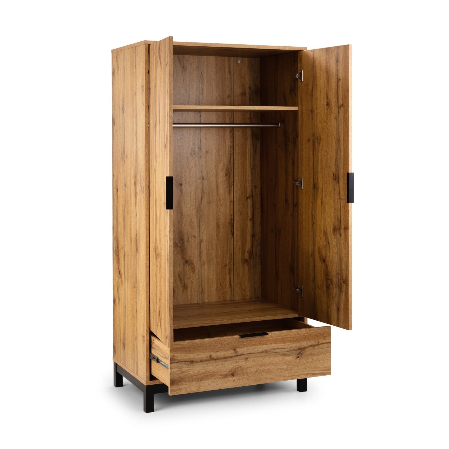 Front view of the Bali natural oak wardrobe with doors and lower drawer open displaying the hanging rail and interior storage